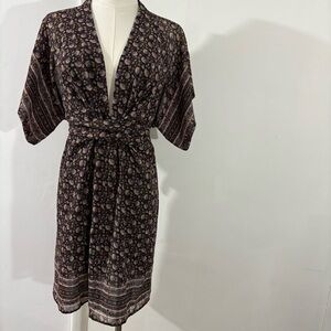 Moda International Floral V Neck Kimono Dress Sz S Black Beige Fairy Boho Belt